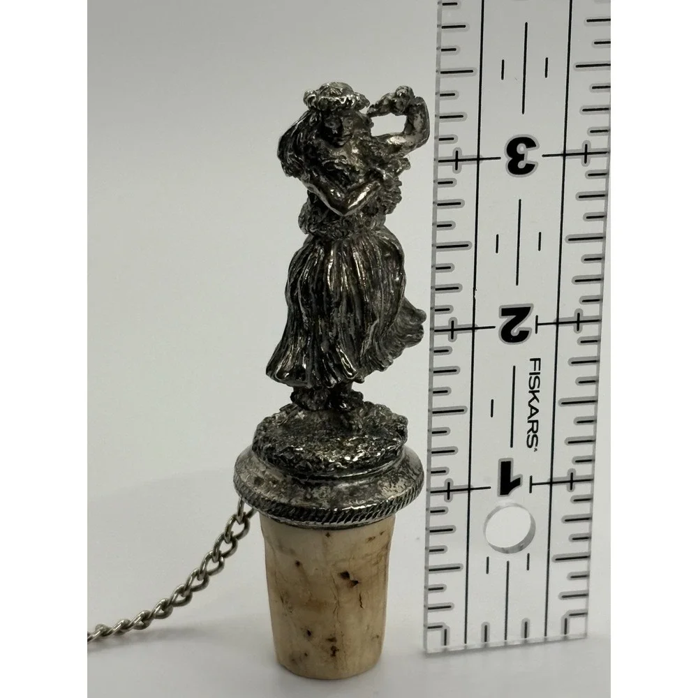 Vintage/Retro Metal & Cork Hula Girl Bottle Stopper w/ Chain Silver Beige